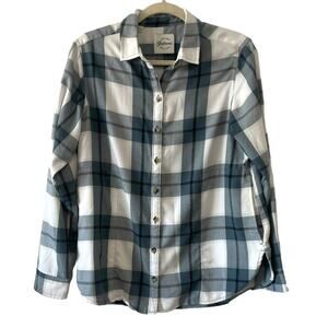 Jachs Girlfriend Teal Blue Plaid Flannel Button down size small  pockets